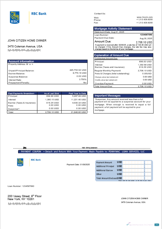 Download USA RBC bank mortgage statement in Word and PDF formats Photoshop template